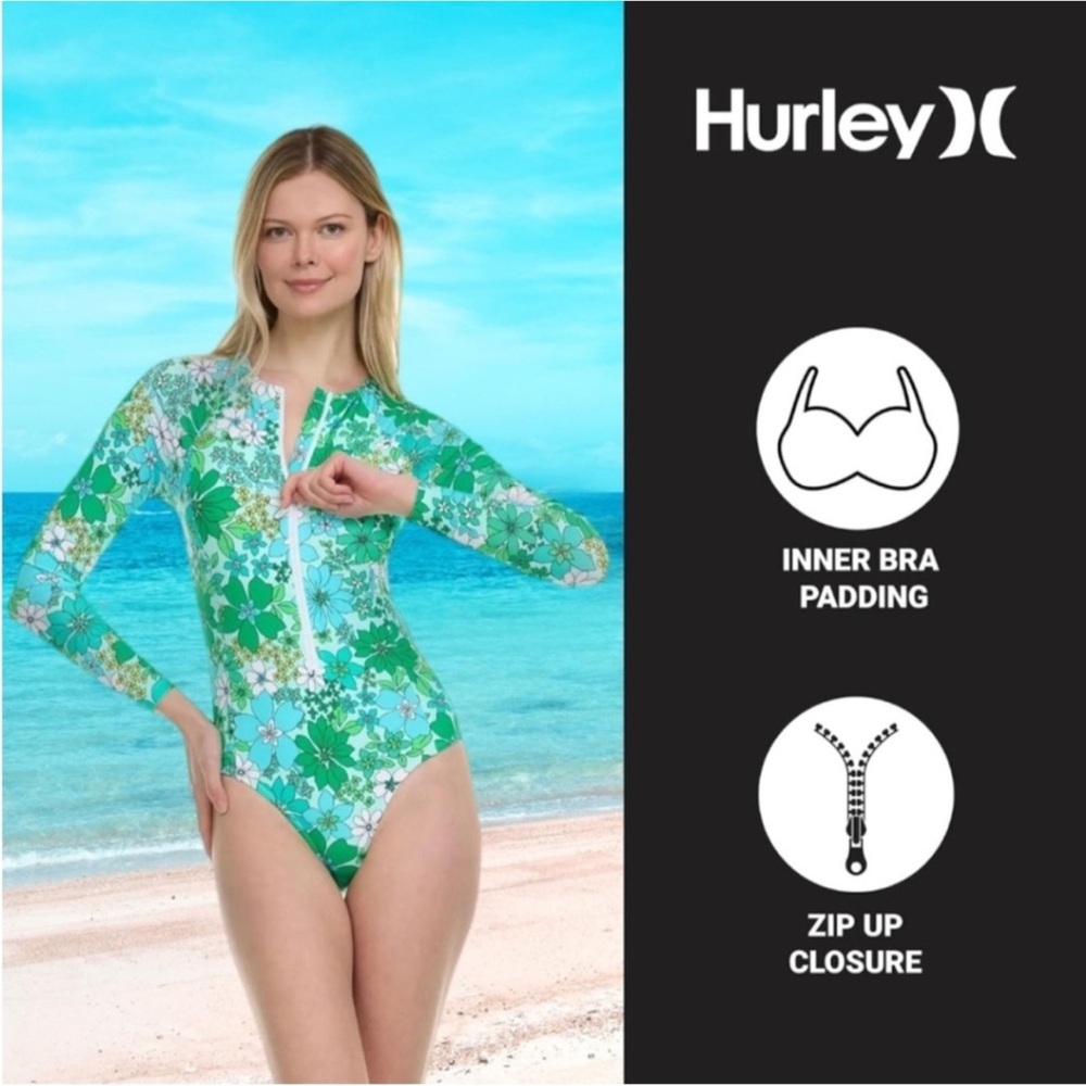 Hurley Rash Guard one piece zipper green floral long sleeve swimsuit Size XL